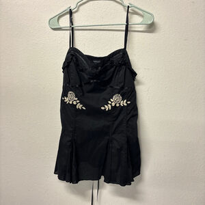 Women's FANTAZIA Black tank with Beige Embroidery, Size L Y2K 100% cotton
